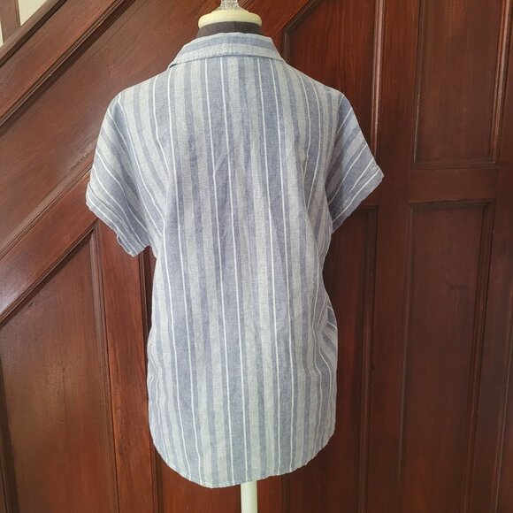 Sigrid Olsen Womens Striped Short Sleeve Button Tab Blouse Blue & White Linen La - Picture 5 of 7